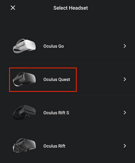 Selecting Oculus Quest headset from mobile app