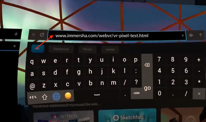 Entering website address on Oculus browser