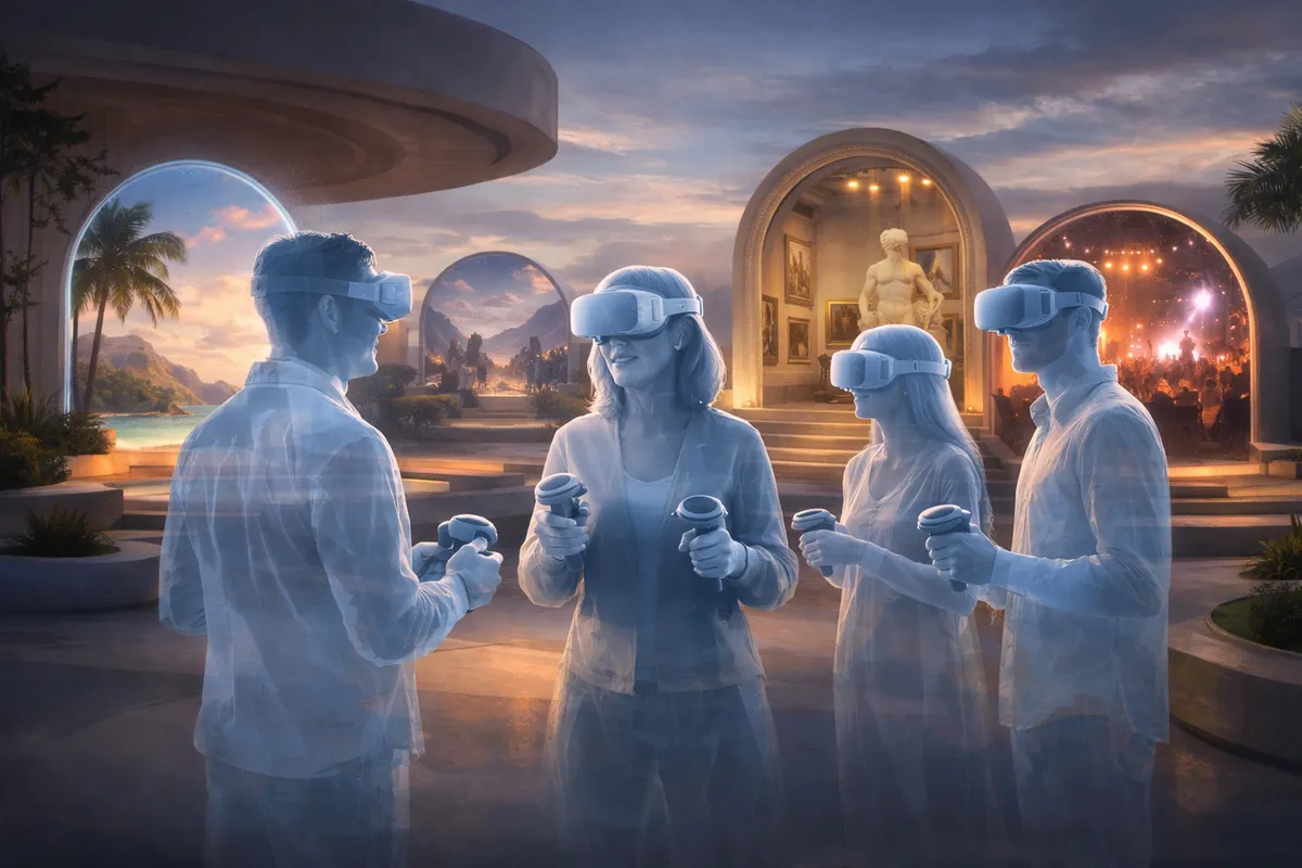 People wearing VR headsets exploring social virtual worlds with avatars, games, travel, art, and live events