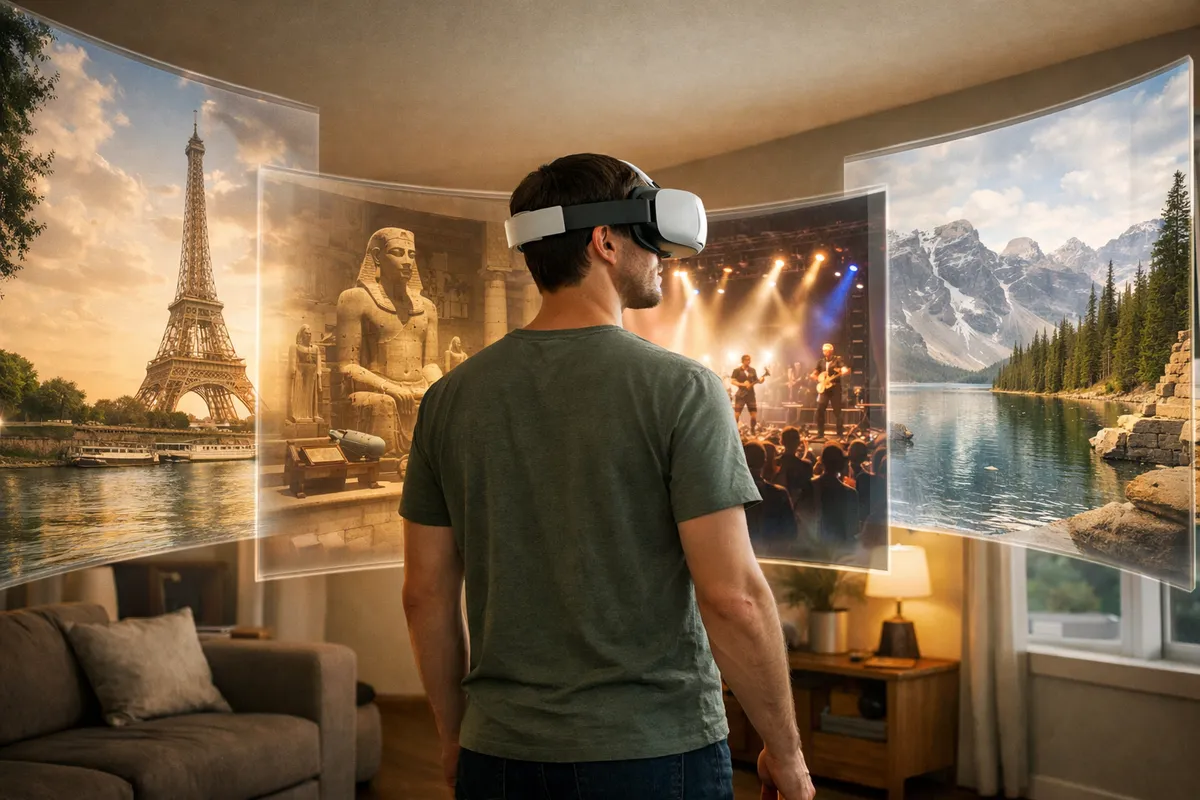 Person in a VR headset surrounded by immersive travel, museum, concert, and nature experiences