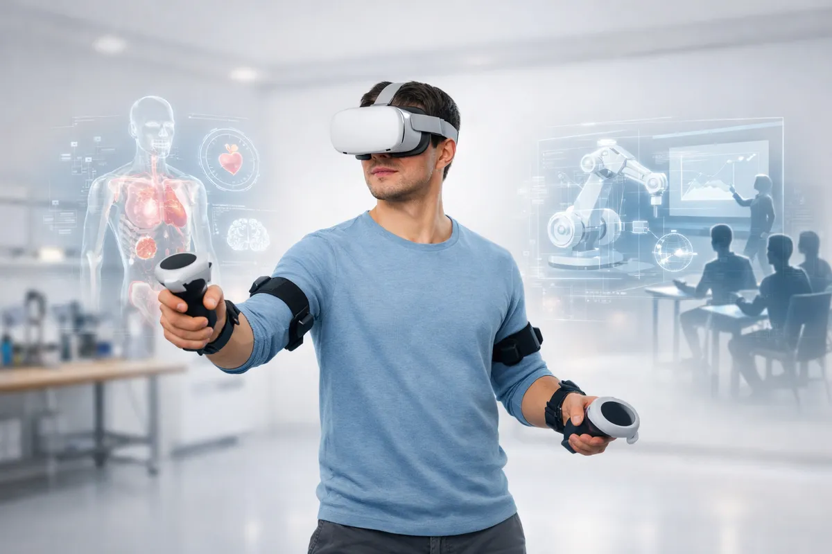 Person using a VR headset, controllers, and body tracking sensors in an education and training simulation