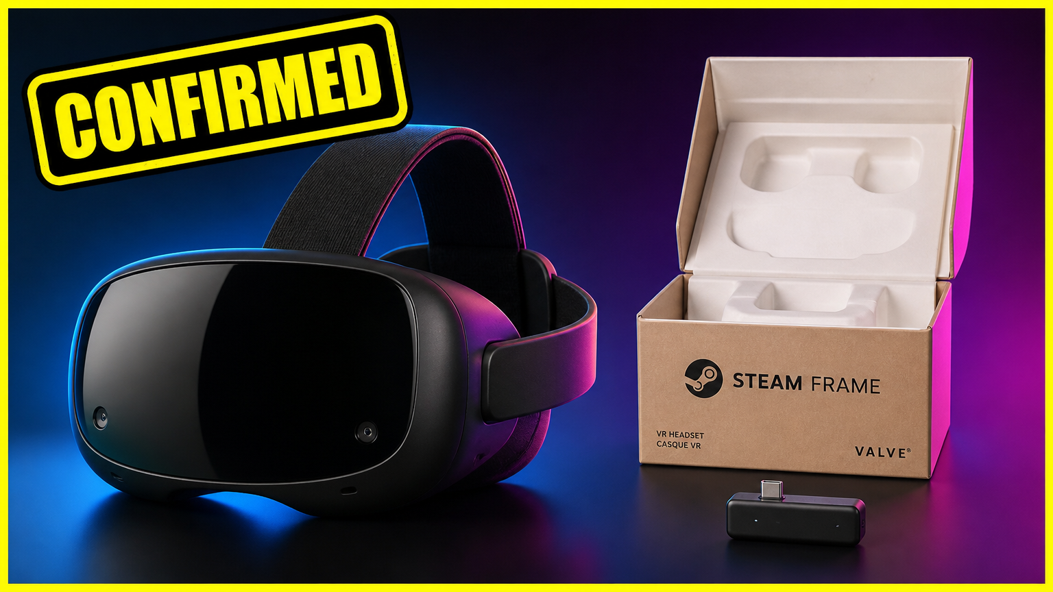 Steam Frame headset beside an open branded box and wireless adapter, with a large yellow Confirmed label