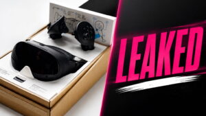 Steam Frame headset and controllers in an open box beside a bold pink Leaked graphic