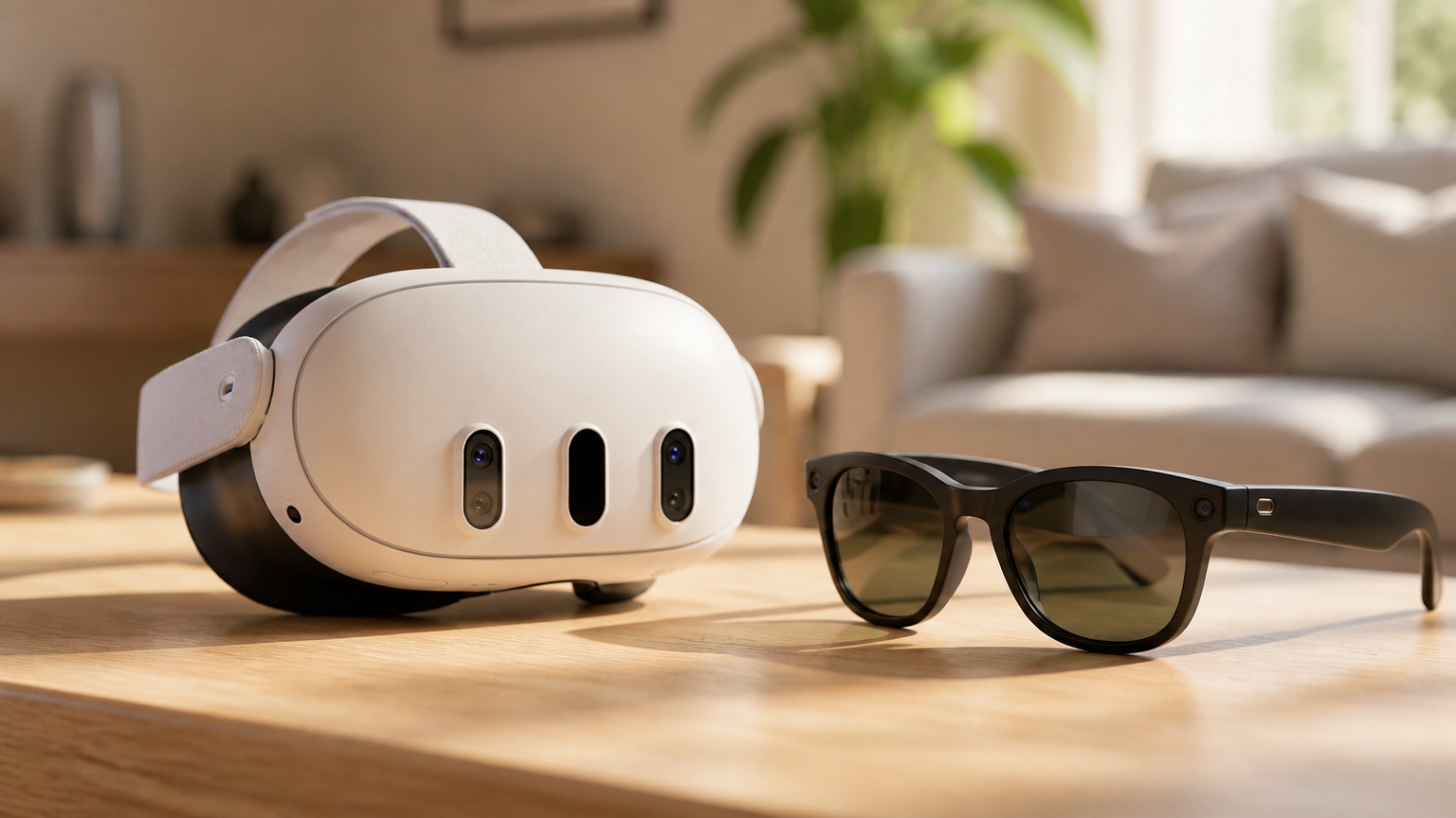 a Meta Quest VR headset resting on a table beside a pair of Ray-Ban style smart glasses, soft indoor light, shallow depth of field, no text