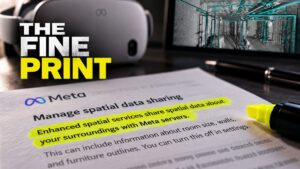 Meta Quest headset beside highlighted spatial data sharing policy, with a room scan on a monitor