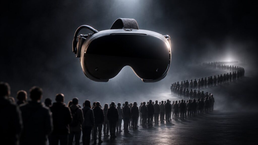 Floating Steam Frame headset above a winding queue of silhouettes
