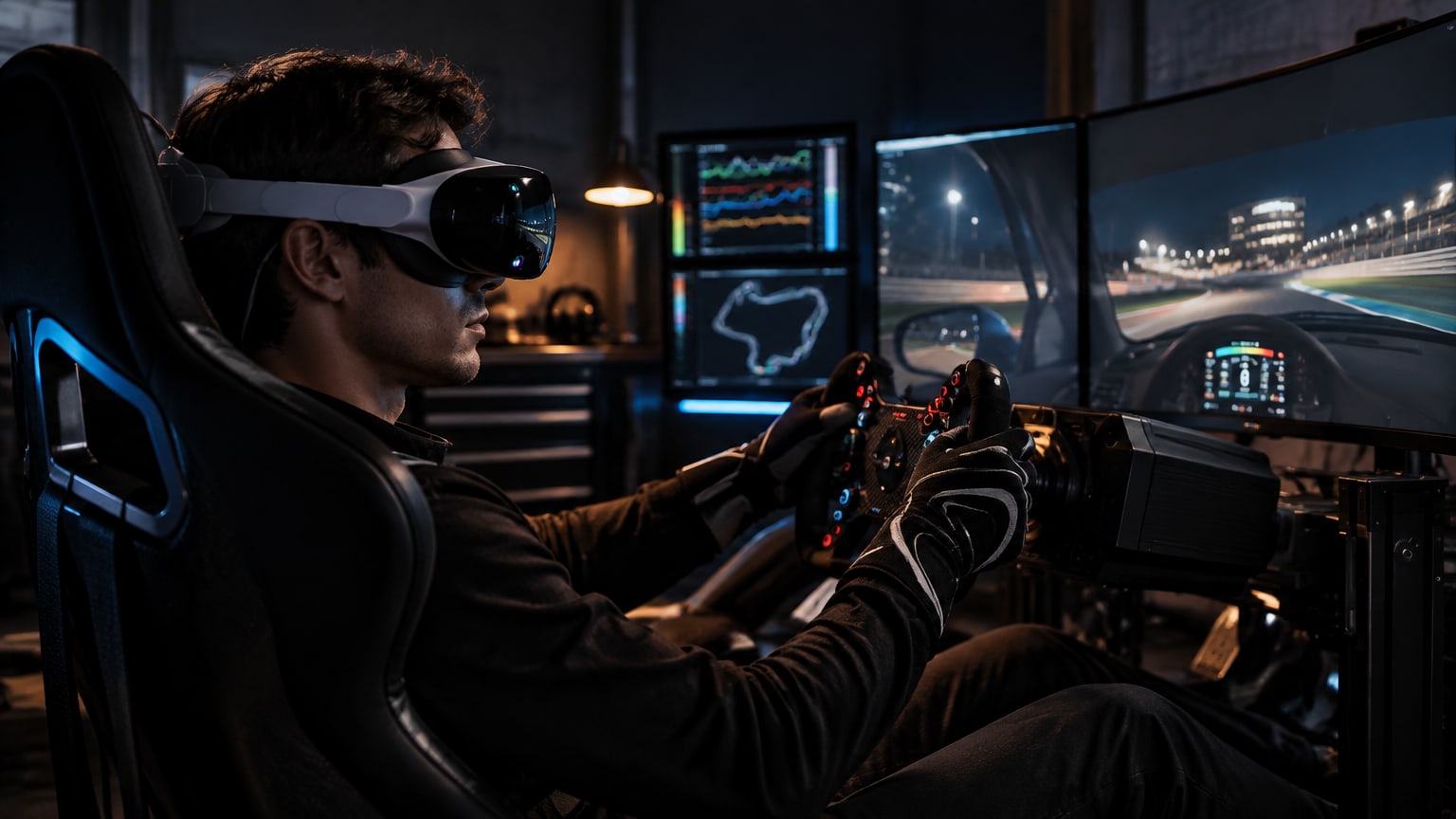 Side profile of driver in racing rig wearing micro-OLED goggles