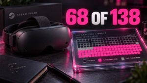 Steam Frame VR headset beside illuminated launch library breakdown plaque